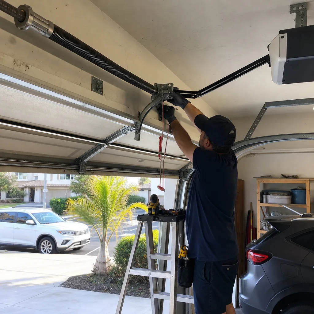 Technician performing professional garage door parts maintenance and repair service
