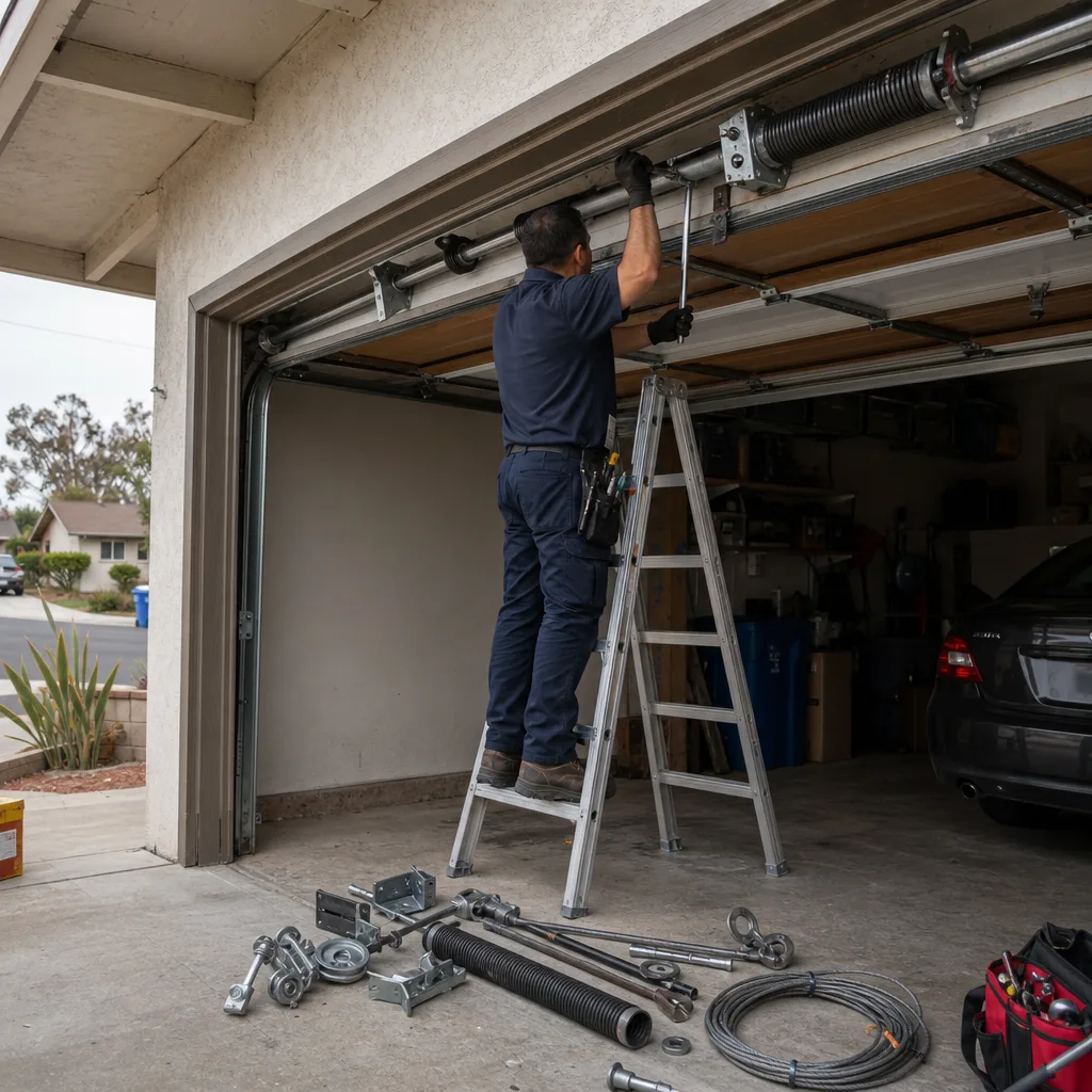 Professional garage door technician installing replacement parts and springs